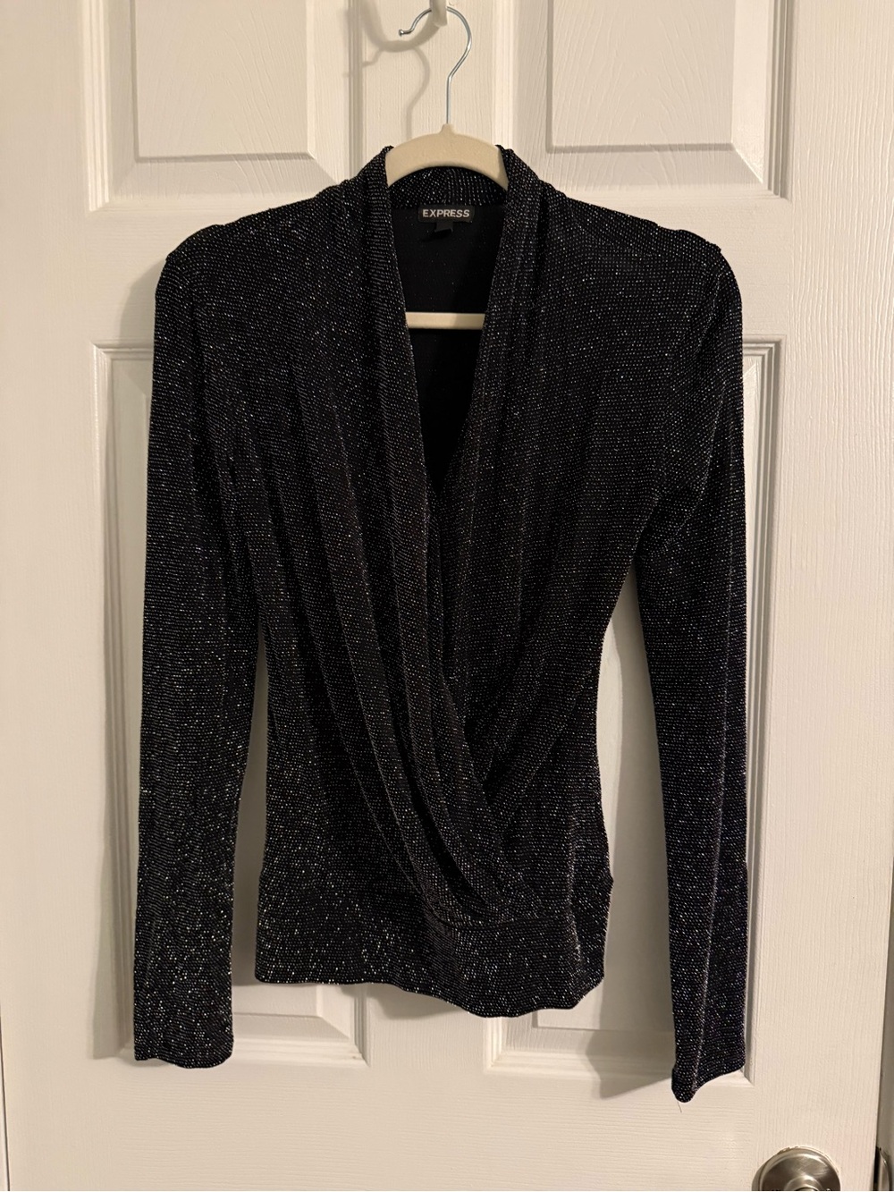 Express Metallic Drape Front Long Sleeve Top - Black with Silver Sparkle